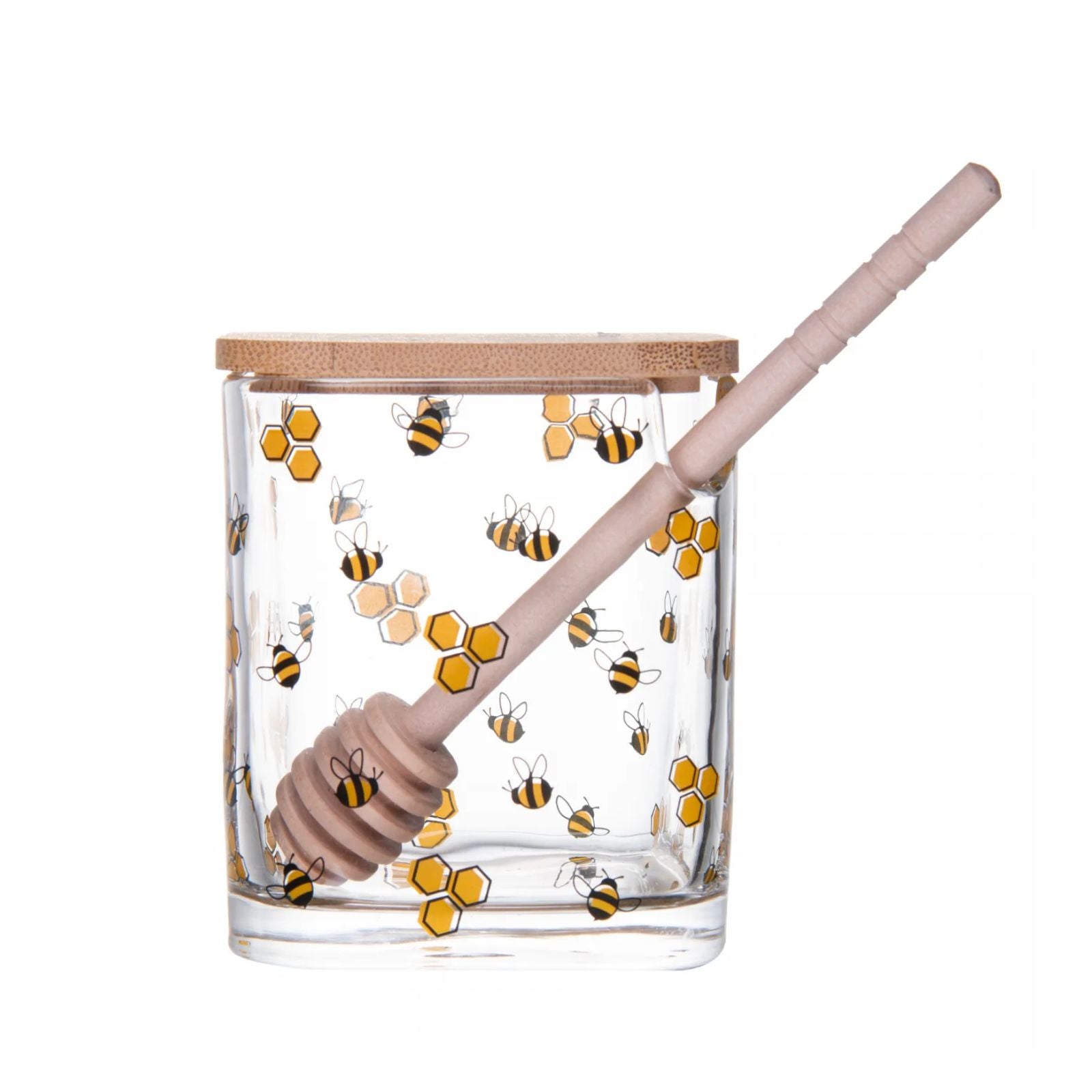 Meleira Abelhas com Tampa de Bambu e Colher de Madeira 9,5x8x8cm